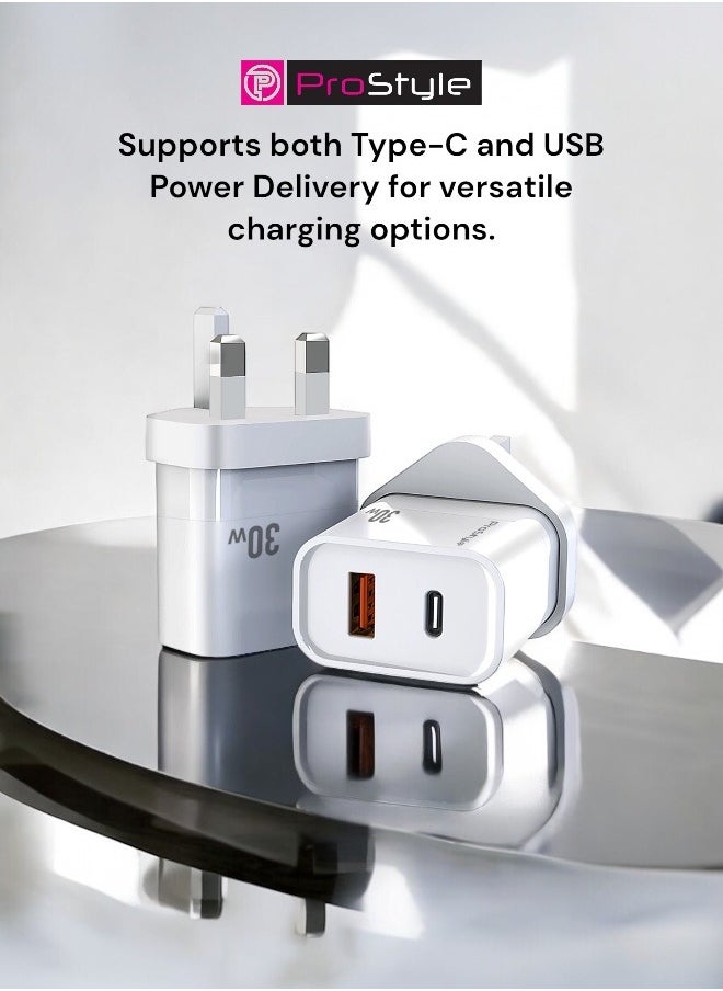 Prostyle - 30W Mobile Fast Charger Adapter Type-C and USB PD for iPhone 16, 15 Pro Max, Plus, iPad, Apple Watch, S10, AirPods 4 - White - Image 1