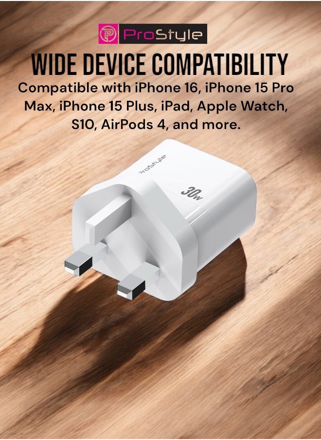 Prostyle - 30W Mobile Fast Charger Adapter Type-C and USB PD for iPhone 16, 15 Pro Max, Plus, iPad, Apple Watch, S10, AirPods 4 - White - Image 1