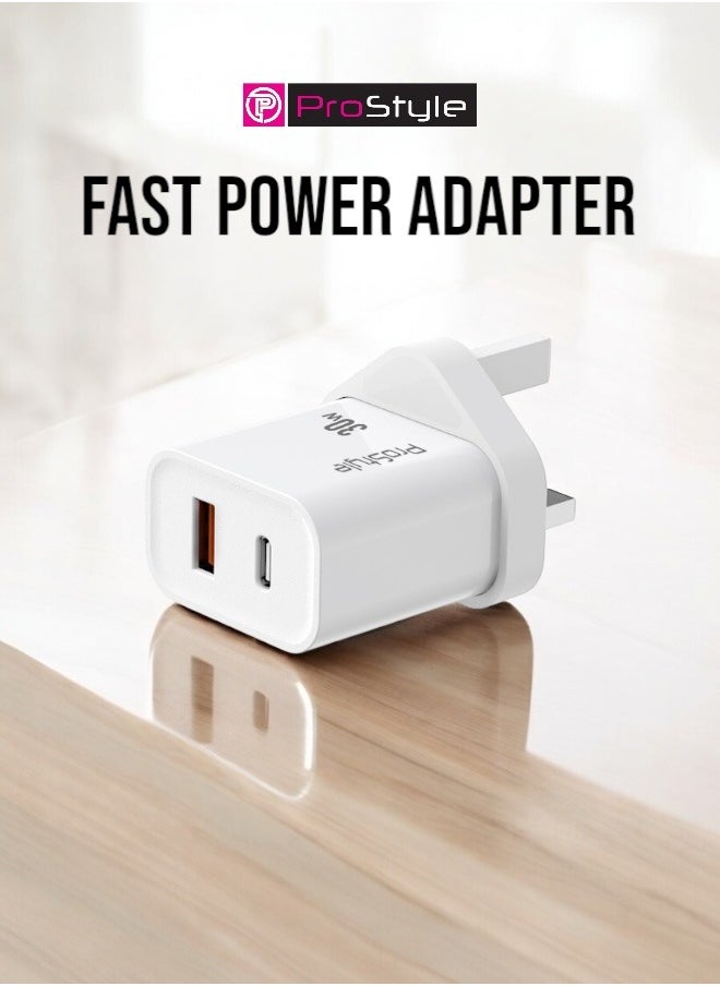 Prostyle - 30W Mobile Fast Charger Adapter Type-C and USB PD for iPhone 16, 15 Pro Max, Plus, iPad, Apple Watch, S10, AirPods 4 - White - Image 1