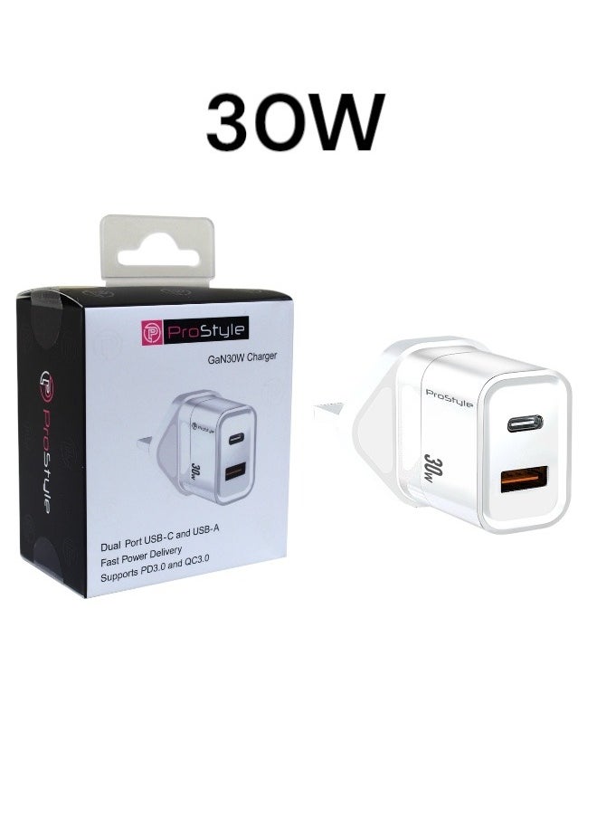 Prostyle - 30W Mobile Fast Charger Adapter Type-C and USB PD for iPhone 16, 15 Pro Max, Plus, iPad, Apple Watch, S10, AirPods 4 - White - Image 1