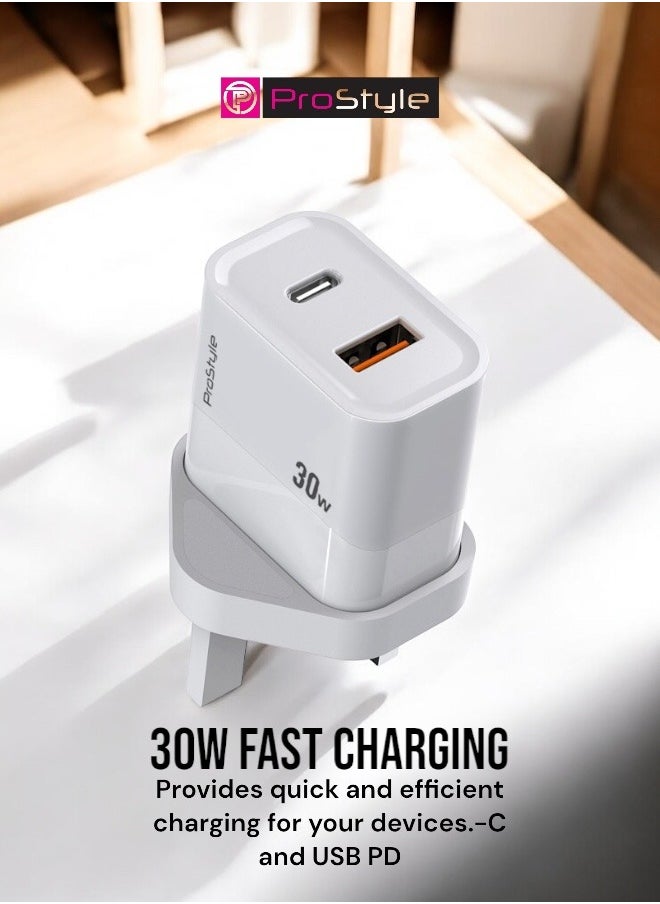 Prostyle - 30W Mobile Fast Charger Adapter Type-C and USB PD for iPhone 16, 15 Pro Max, Plus, iPad, Apple Watch, S10, AirPods 4 - White - Image 1