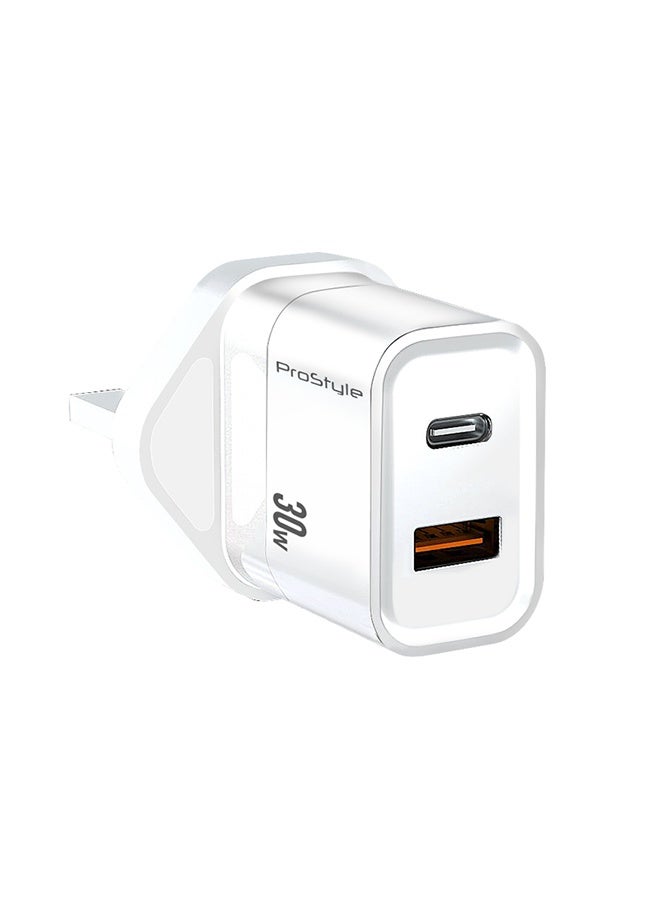 Prostyle 30W GaN Charger 2 Port Type C and USB PD Fast Charger Adapter Wall Plug Compatible with iPhone 16 15 Pro Max Plus iPad Pro Air Mini Apple Watch AirPods Samsung Galaxy S24 S23 Xiaomi Huawei White - Image 1