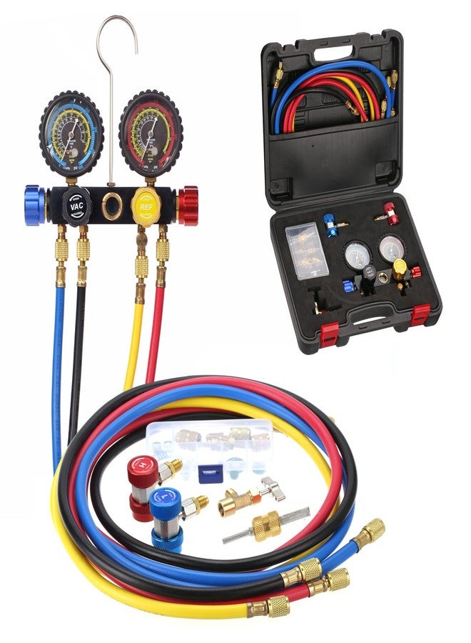 PB Motor Tech BMT PB Motor Tech 4-Way AC Manifold Gauge Set for R22, R134A, R410A Refrigerants, with Quick Couplers, Adapters, Puncturing Can Tap Tools for AC Maintenance, Includes EV Cotton Lining and Storage Case - Image 1