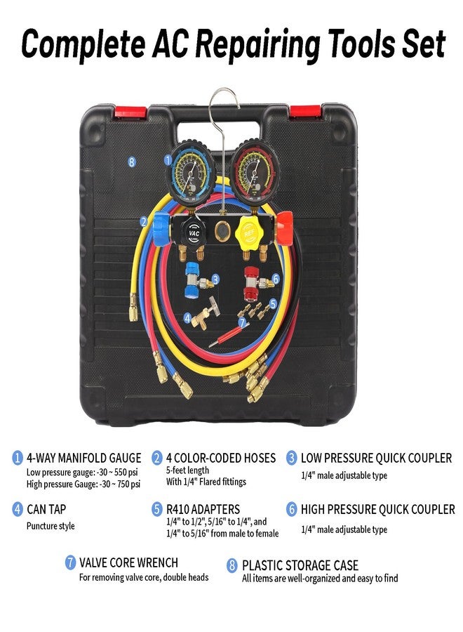 PB Motor Tech BMT PB Motor Tech 4-Way AC Manifold Gauge Set for R22, R134A, R410A Refrigerants, with Quick Couplers, Adapters, Puncturing Can Tap Tools for AC Maintenance, Includes EV Cotton Lining and Storage Case - Image 2