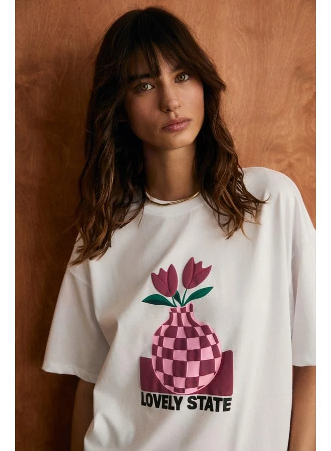 Grimelange SPRINE Women's Soft Fabric 100% Cotton Printed Regular White T-Shirt.
