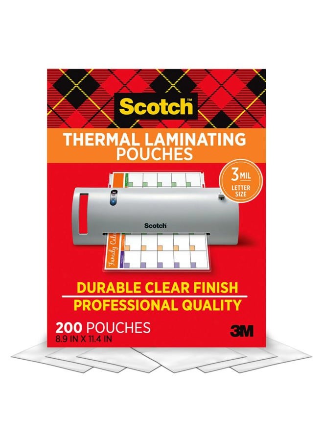 Scotch  Thermal Laminating Pouches, 200 Count, Clear, 3 mil., Ideal Office or School Supplies, Fits Letter Sized Paper (8.9 in. × 11.4 in.) - Image 1