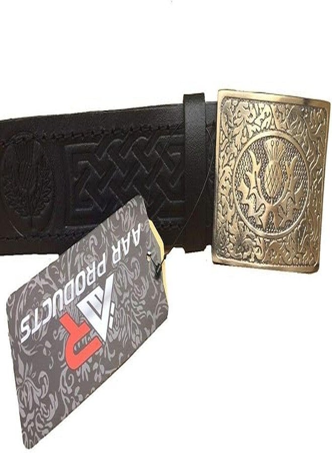 AAR Black Leather Thistle Design Scottish Highland Kilt Belt With Antique Finish Buckle - Image 2