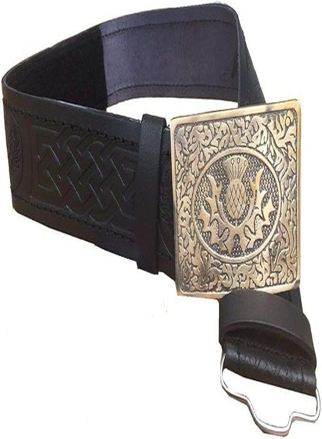 AAR Black Leather Thistle Design Scottish Highland Kilt Belt With Antique Finish Buckle - Image 1