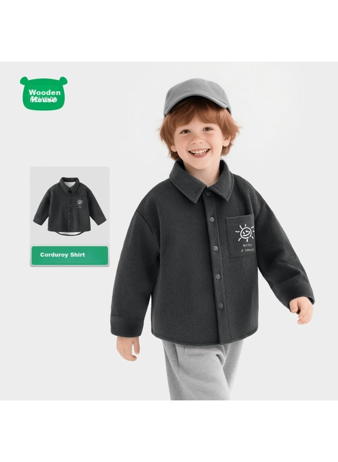 Mini Wooden House Kids Long Sleeve Shirt Spring Autumn Boys Corduroy Shirt Outerwear Thin Jacket Dark Gray Simple Sun Pattern Size 100