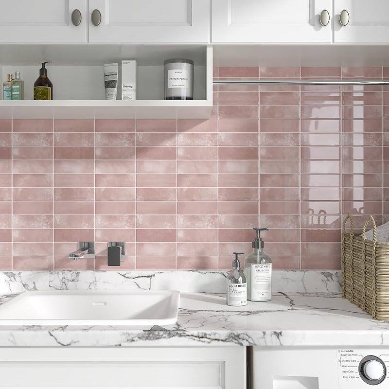 CHIHUT 6 Sheets Pink Backsplash Tile for Kitchen Peel and Stick Backsplash Tile Sticker 12''x12'' Waterproof Self Adhesive Back Splash Stick on Tiles 3D Subway Wall Tiles for RV Fireplace Stairs - Image 2