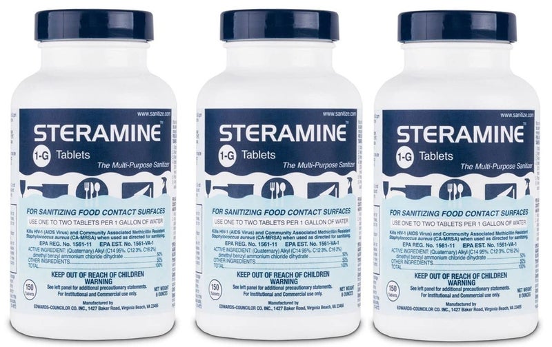 Steramine Quaternary Sanitizing Tablets - 150 Sanitizer Tablets per bottle, 3-Bottles - Image 1