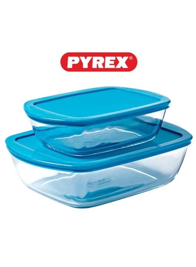 Pyrex Cook & Store Set of 2 Rectangular Roaster with Blue Lids, 1.1L + 2.5L Blue - Image 1