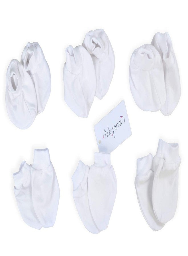 Picksparrow Pure Cotton Newborn Baby Mittens Booties Set/Newborn Essentials(Solid White, Pack of 6) (0-3 months) - Image 1
