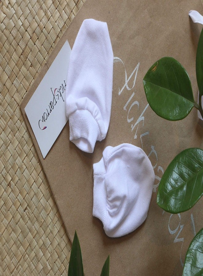Picksparrow Pure Cotton Newborn Baby Mittens Booties Set/Newborn Essentials(Solid White, Pack of 6) (0-3 months) - Image 3