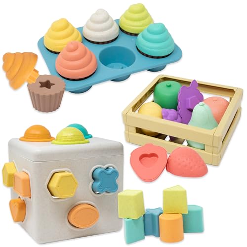 Kiddie Play Set of 3 Shape Sorter for Toddlers Montessori Baby Blocks Shape Sorting Cube Color Matching Fruit Cupcake Toy Learning Toys for Kids 18 months 2025 Model EcoFriendly Made with Wheat Straw - Image 1
