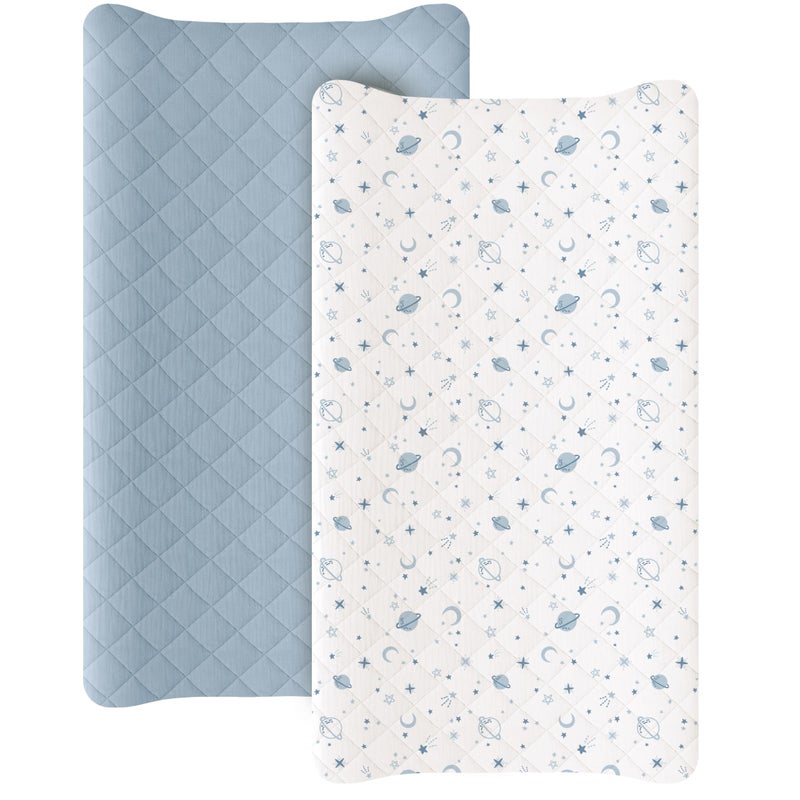 Konssy Waterproof Muslin Changing Pad Cover 2 Pack, Quilted Cotton Fitted Diaper Changing Table Cover, Soft Changing Pad Sheets for Girls Boys (Star,Blue) - Image 1
