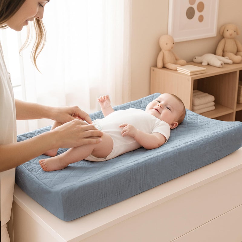 Konssy Waterproof Muslin Changing Pad Cover 2 Pack, Quilted Cotton Fitted Diaper Changing Table Cover, Soft Changing Pad Sheets for Girls Boys (Star,Blue) - Image 4
