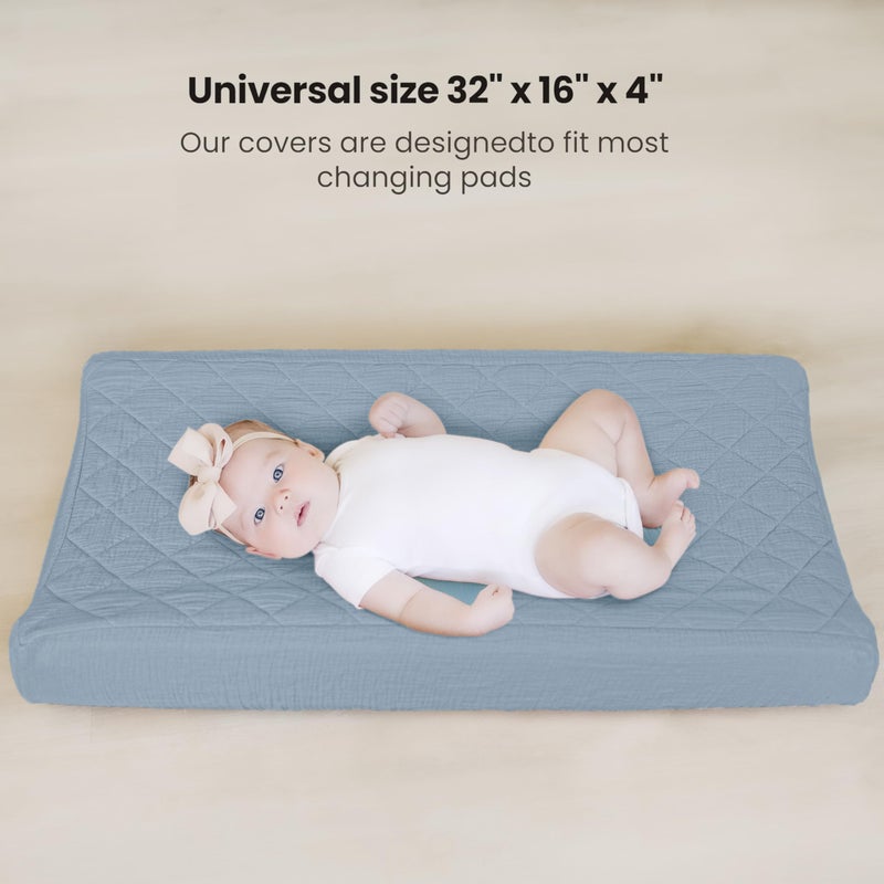 Konssy Waterproof Muslin Changing Pad Cover 2 Pack, Quilted Cotton Fitted Diaper Changing Table Cover, Soft Changing Pad Sheets for Girls Boys (Star,Blue) - Image 5
