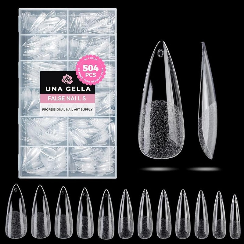 UNA GELLA Long Stiletto Nail Tips 504PCS, Full Cover Pre-Etched Long Stiletto Clear Fake Nails Tips, Sturdy Acrylic Press on Nails, No C Curve Soft Gel Tip for Nail Extension DIY Nail kit 12 Sizes - Image 1