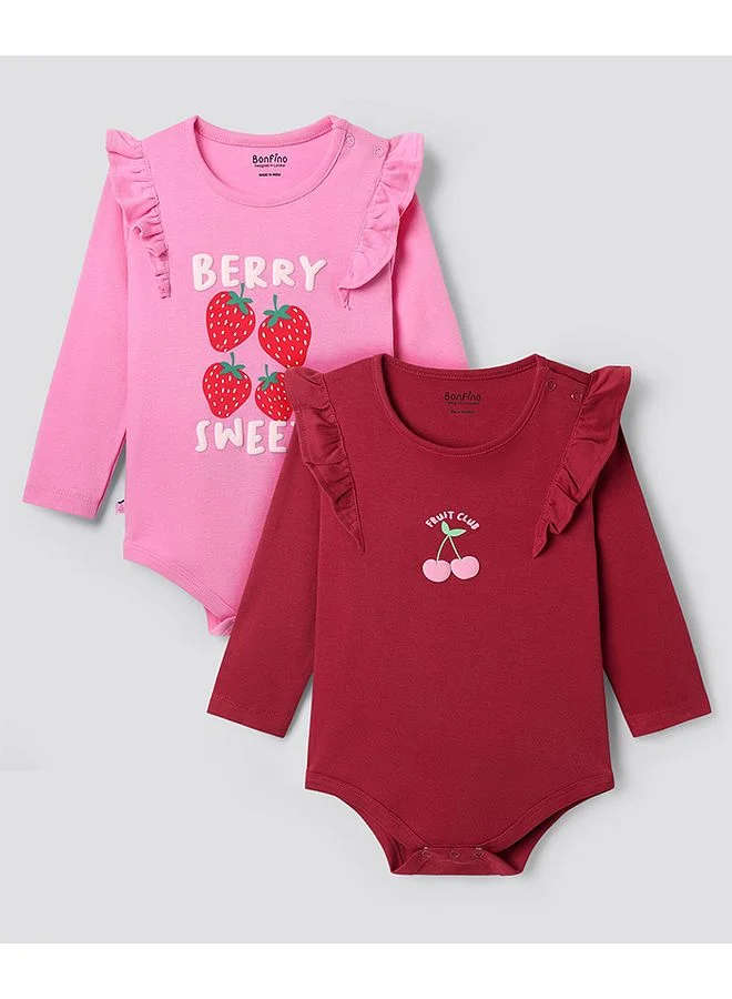 Bonfino Bonfino 100% Cotton Knit Onesies with Fruit Print & Frill Detailing, Pack of 2 - Red & Pink