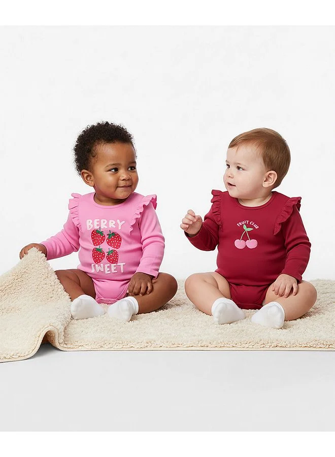 Bonfino Bonfino 100% Cotton Knit Onesies with Fruit Print & Frill Detailing, Pack of 2 - Red & Pink
