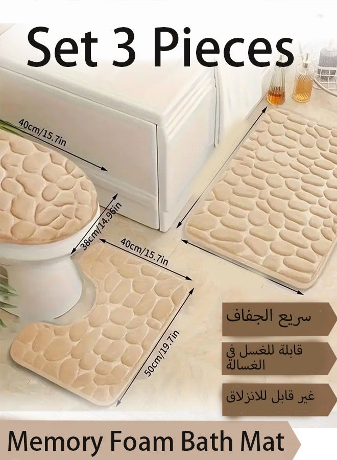 Bathroom Rugs Sets 3 Piece,U-Shaped Toilet Floor Mat +Non Slip Rugs +Toilet Lid Cover Mat Non-Slip Bathroom Shower Mat Toilet Seat Cover Area Floor Rug for Tub Contour Mat and Toilet Lid Cover, Machine Washable, Super Soft Microfiber & Non Slip Bath Rugs with Rubber Backing Solid Beige