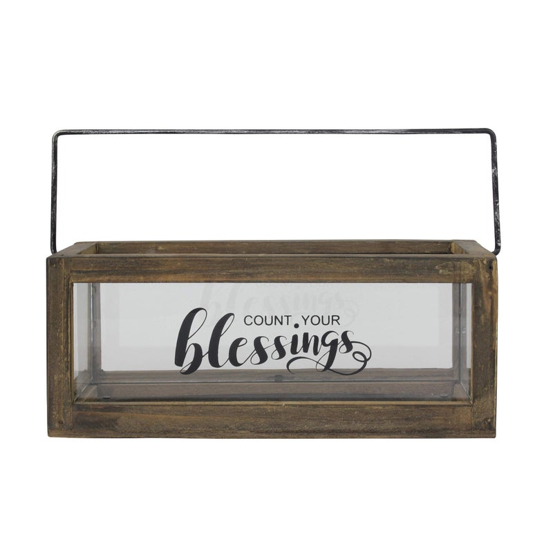 Stonebriar Count Your Blessings Rustic Rectangular Wood and Glass Tray Rail Candle Holder with Sentiment Saying Brown
