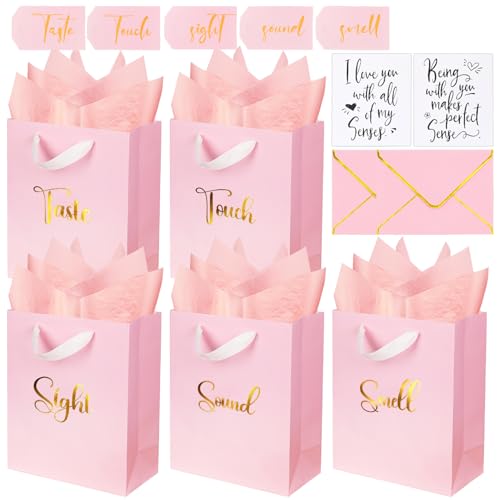 Nimbbex Gold Foil 5 Senses Gift Bags for Him with Labels Envelopes and Cards, Sight Smell Touch Taste Sound Gift Bags with Tissue Handle for Birthday, Anniversary, Mother's Day, Valentine's Day, 10x8x4inch（Pink) - Image 1