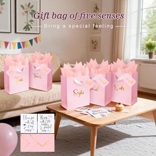 Nimbbex Gold Foil 5 Senses Gift Bags for Him with Labels Envelopes and Cards, Sight Smell Touch Taste Sound Gift Bags with Tissue Handle for Birthday, Anniversary, Mother's Day, Valentine's Day, 10x8x4inch（Pink) - Image 2