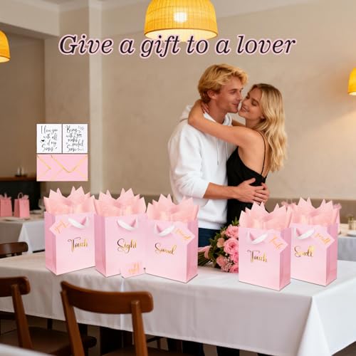 Nimbbex Gold Foil 5 Senses Gift Bags for Him with Labels Envelopes and Cards, Sight Smell Touch Taste Sound Gift Bags with Tissue Handle for Birthday, Anniversary, Mother's Day, Valentine's Day, 10x8x4inch（Pink) - Image 4