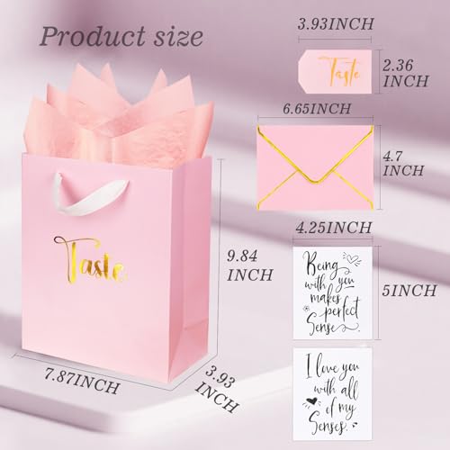 Nimbbex Gold Foil 5 Senses Gift Bags for Him with Labels Envelopes and Cards, Sight Smell Touch Taste Sound Gift Bags with Tissue Handle for Birthday, Anniversary, Mother's Day, Valentine's Day, 10x8x4inch（Pink) - Image 3