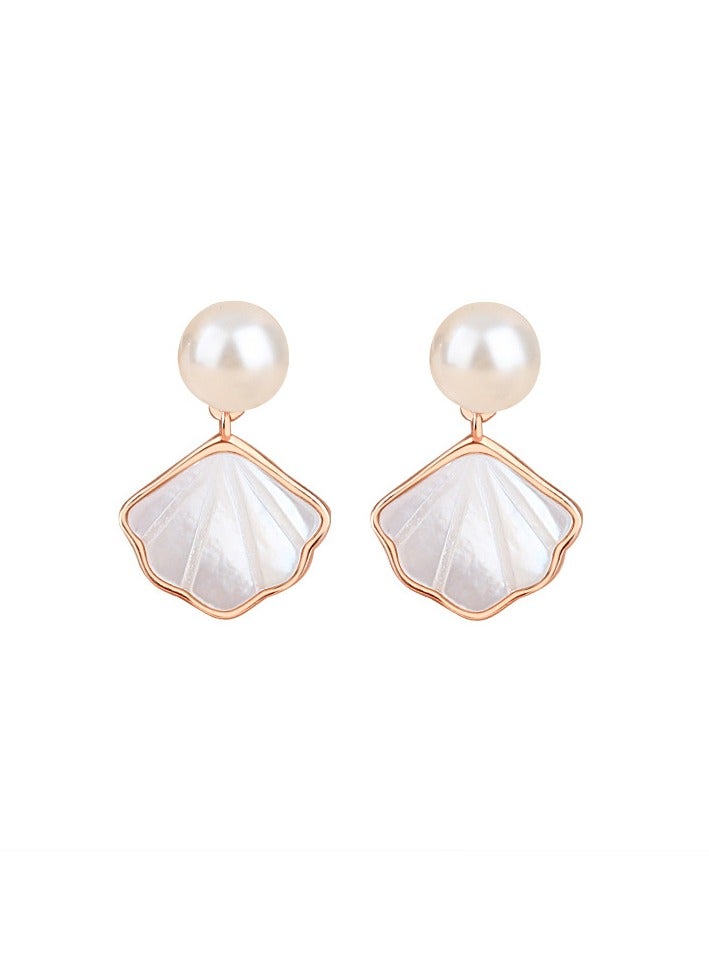 Fan-Shaped One-Shell Earrings for Women 925 Sterling Silver Small Skirt Mother-Of-Pearl Earrings French Style Small Fragrance Shell Pearl Earrings  - Image 1