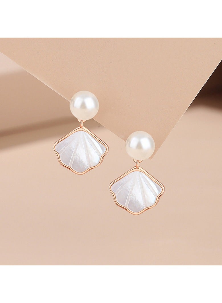 Fan-Shaped One-Shell Earrings for Women 925 Sterling Silver Small Skirt Mother-Of-Pearl Earrings French Style Small Fragrance Shell Pearl Earrings  - Image 3