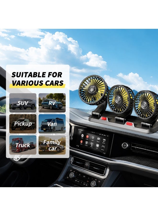 Triple Head Car Cooling Fan, 24V Dashboard Mounted Vehicle Fan with 360° Adjustable Heads, Low Noise High Airflow Portable Cooling Fan for Truck, Van, Bus, RV & Commercial Vehicles - Image 2