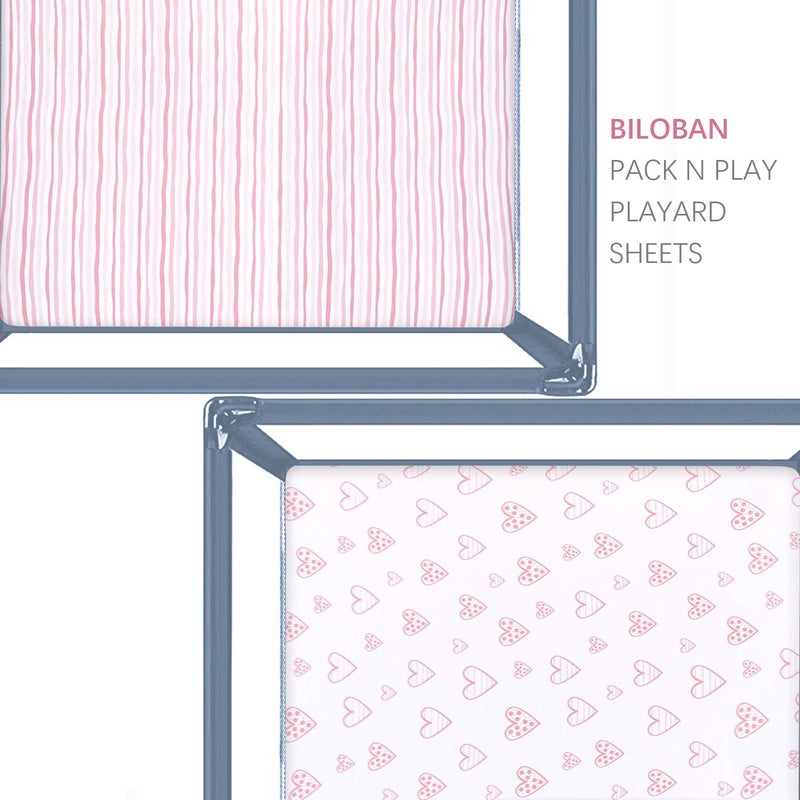 Biloban Square Playard/Playpen Fitted Sheets, Perfect for 36 X 36 Portable Playard, 2 Pack, 100% Jersey Knit Cotton Fitted Sheets, Mild Pink Stripes and Hearts Print for Baby Girls - Image 4