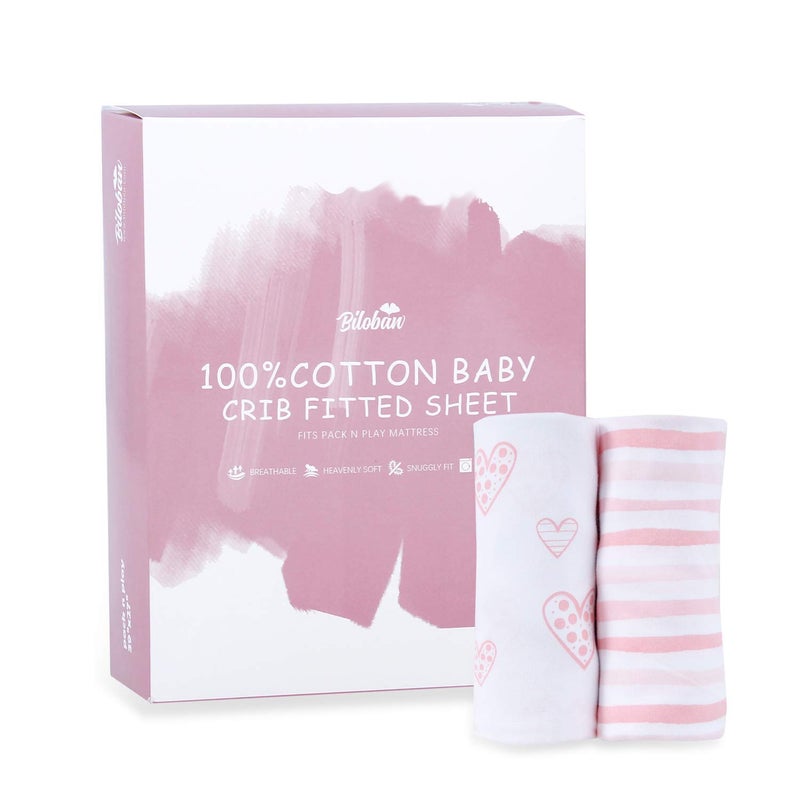 Biloban Square Playard/Playpen Fitted Sheets, Perfect for 36 X 36 Portable Playard, 2 Pack, 100% Jersey Knit Cotton Fitted Sheets, Mild Pink Stripes and Hearts Print for Baby Girls - Image 5