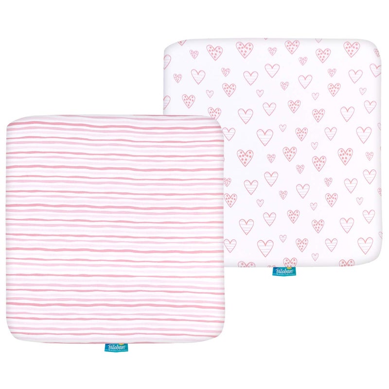Biloban Square Playard/Playpen Fitted Sheets, Perfect for 36 X 36 Portable Playard, 2 Pack, 100% Jersey Knit Cotton Fitted Sheets, Mild Pink Stripes and Hearts Print for Baby Girls - Image 1