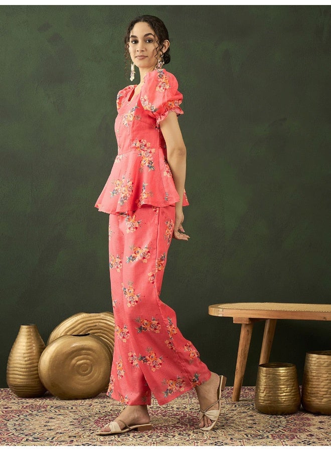 AKS Peach Floral print Co-Ord Set  - Image 4