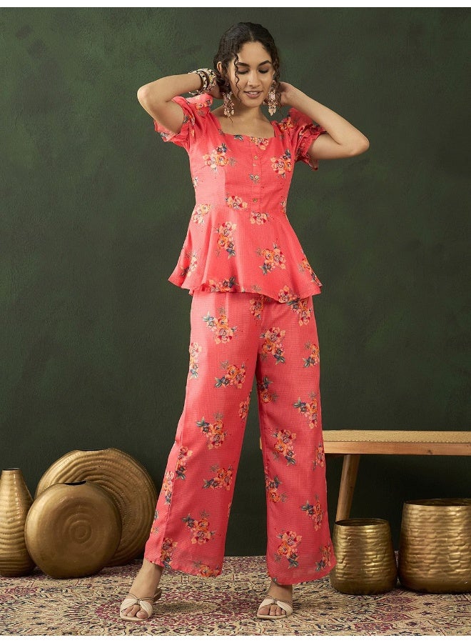 AKS Peach Floral print Co-Ord Set  - Image 1