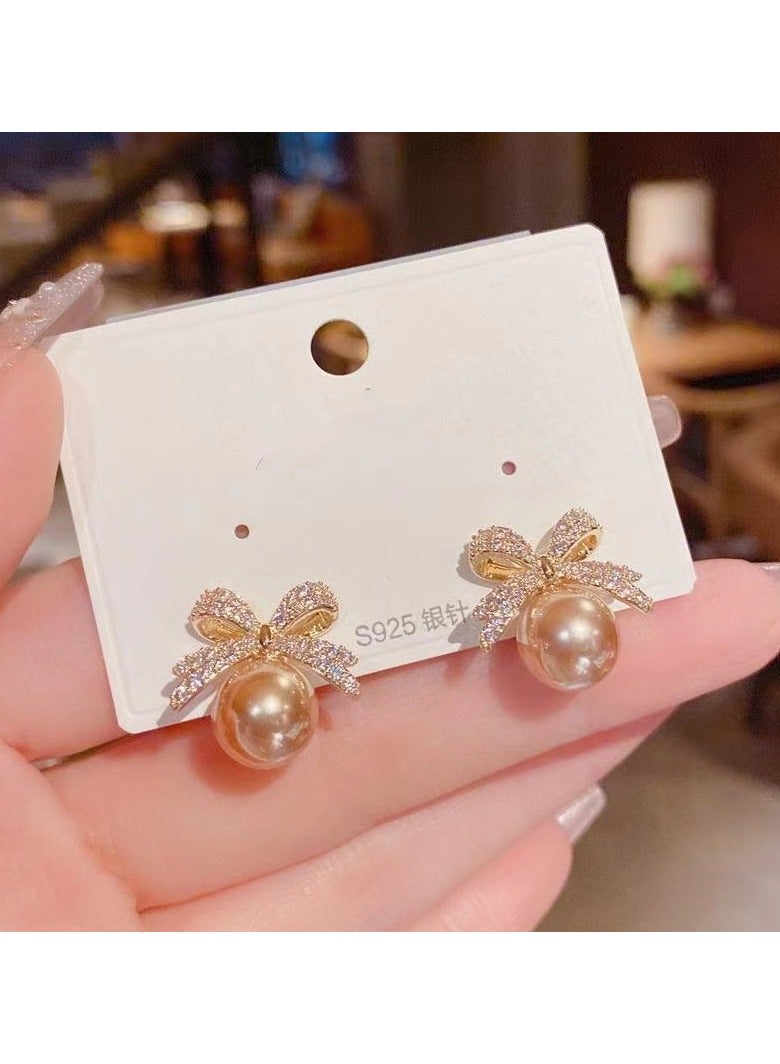 Full Diamonds Ribbon Pearls Champagne Colour Earrings Earrings 