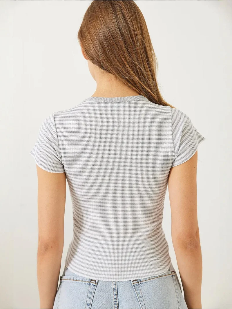 Bianco Lucci Multicolor LUCCI Striped Ribbed Crop Top with Crew Neck for Women | Best Price UAE