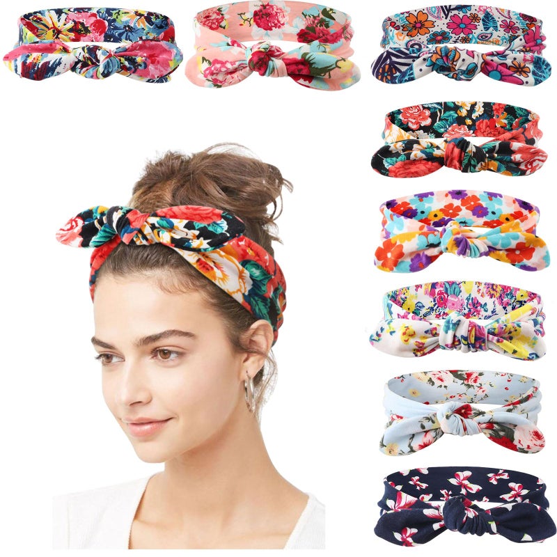 DRESHOW 8 Pack Adjustable Knotted Headbands Cotton Elastic Non Slip Hair Bands Floral Yoga Headbands for Women and Girls - Image 1