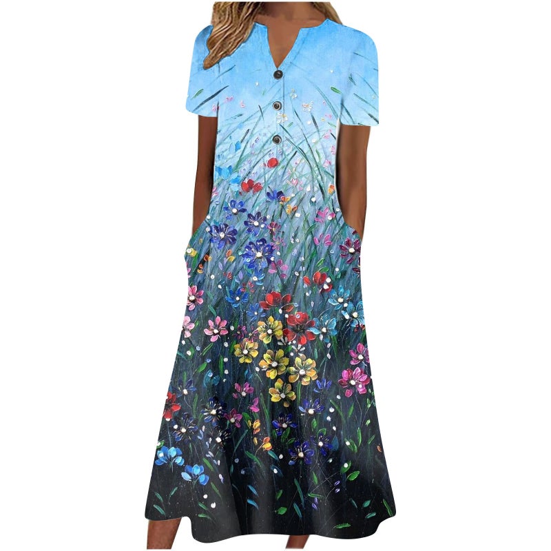Women's V-Neck Button Short Sleeve Loose Fit Printed Midi Dress - Image 4