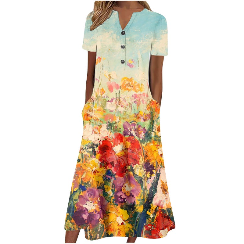 Women's V-Neck Button Short Sleeve Loose Fit Printed Midi Dress - Image 3