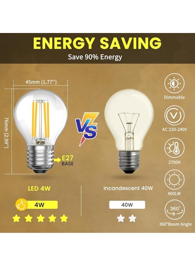 ESNCO عبوة 2 من لمبة G45 4W قابلة للتعتيم، لمبة LED خيوط E27 دافئة بيضاء 2700K، لمبة LED بحجم كرة جولف صغيرة تعادل 40W، لمبة LED زجاجية شفافة لمصباح الطاولة - Image 3