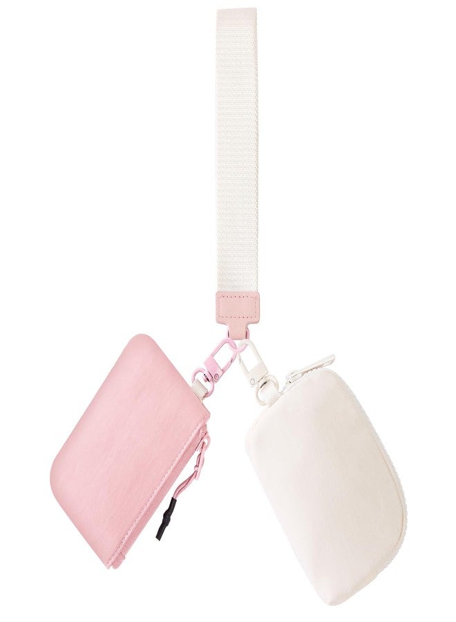 JEEBURYEE Dual Pouch Wristlet Keychain Wallets for Women with 2 Detachable Zipper Coin Purse - Small and Portable Mini Card Wallet for Women Men Pink+Ivory - Image 1