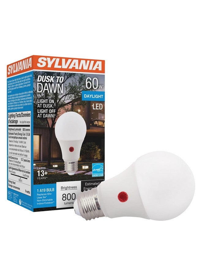 LEDVANCE SYLVANIA Dusk to Dawn A19 LED Light Bulb with Auto On/Off Light Sensor, 60W=9W, 800 Lumens, 5000K, Daylight - 1 Pack (41289) - Image 1