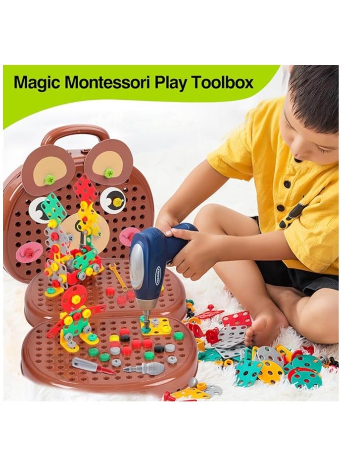 Beauenty Magic Montessori Play Toolbox 203Pcs Magic Montessori Play Toolbox Bear with Drill 2D/3D Creativity Tool Box Toys Gift for Age 3-12 Years Old Boys Kids Girls Gift - Image 2