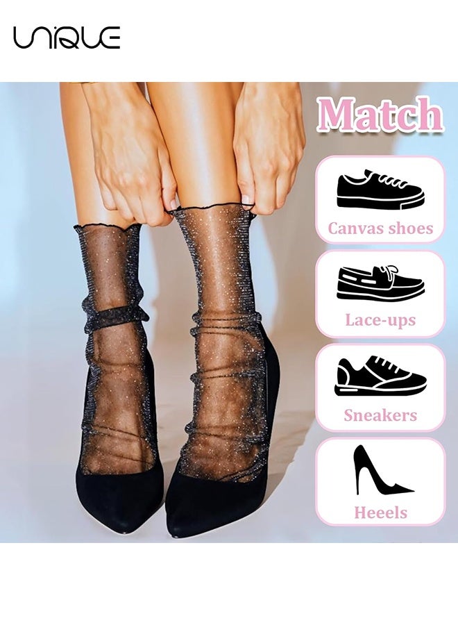 Unique 3 Pairs Women's Sheer Glitter Socks, Slouch Tulle Decorated Socks with Sparkly Mesh Lace, Ankle Ruffle Socks, Sheer Loose Crew Socks, Shiny Slouch Socks for Women - Image 3