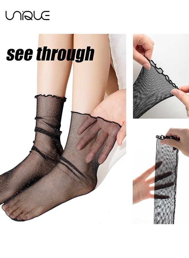 Unique 3 Pairs Women's Sheer Glitter Socks, Slouch Tulle Decorated Socks with Sparkly Mesh Lace, Ankle Ruffle Socks, Sheer Loose Crew Socks, Shiny Slouch Socks for Women - Image 2